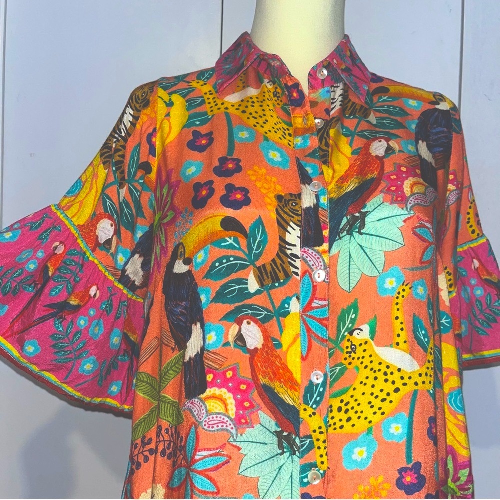 Sohana Button Front Short Sleeve Dress Tropical Print - Picture 2 of 13